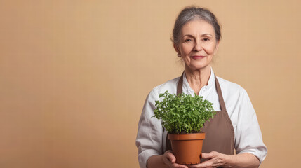 Senior Woman with a Potted Plant: A serene senior woman cradles a vibrant potted plant, her smile radiating warmth and contentment. She embodies the nurturing spirit of nature, against a soft.