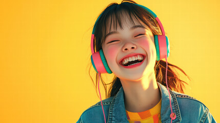 Radiant Joy: Young woman with a beaming smile, wearing vibrant headphones, enjoying music, creating a feeling of pure bliss.