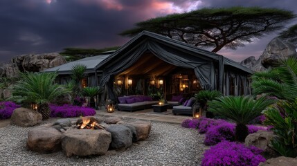 Fototapeta premium Evening glamping with firepit and cozy lighting