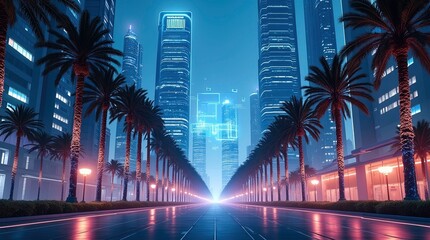 AI-generated analytics, A glowing futuristic city with AI dashboards holograms and data charts in vibrant neon