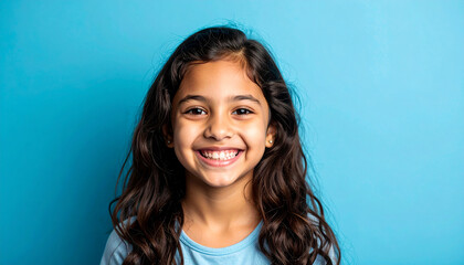 Fototapeta premium Cute little girl against blue backdrop. Portrait of smiling kid.