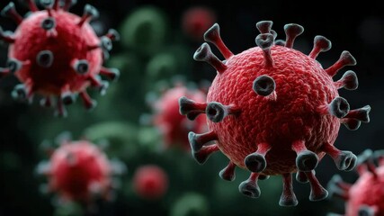 Red virus particle close up with detailed microscopic surface and spike proteins, representing infectious agent in dark background, conveying medical science urgency and health concern - Powered by Adobe
