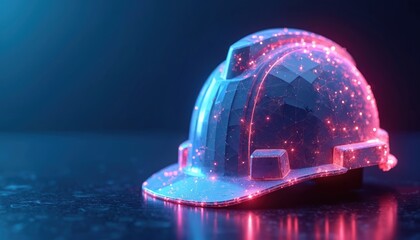 Futuristic construction helmet glowing against dark blue background. Hologram safety concept. Low polygonal 3D style with red neon lights. Abstract tech illustration for industry, work safety,