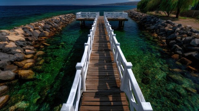 Empty pier and crystal clear summer lake