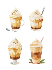 watercolor cream creamy drink chocholate set vector illustration whipped cream and garnishes cafe menu