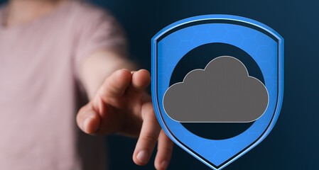 Image of a hand reaching towards a digital shield protecting a cloud, symbolizing secure cloud data.