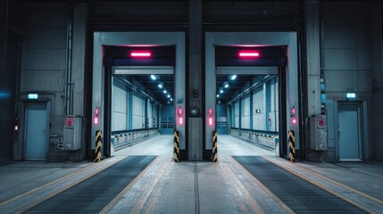 Naklejka premium Warehouse loading docks, symmetrical, with red lights and striped barriers at floor level, doors slightly open at night