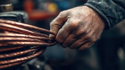 A mechanic is holding copper cables, charging car bettery