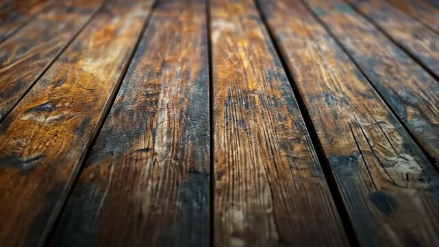 Weathered wooden planks, rich brown tones, showing age and texture.  Perspective creates depth