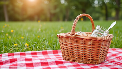 Picnic basket on red checkered blanket in park