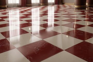 Elegant hall with shiny red/white diamond marble floor reflects windows