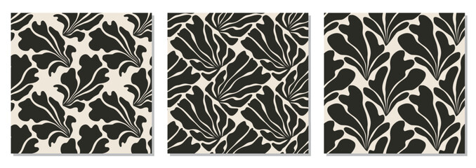 Set of trendy minimalist seamless botanical pattern with abstract creative hand drawn composition