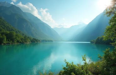 Stunning landscape photo Georgia Caucasus Mountains. Turquoise lake with mountains, reflection on calm water under blue sky, sunny day. Nature, travel, adventure, scenic view.