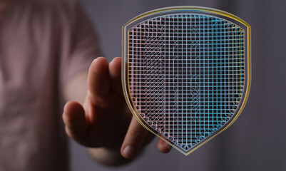 Hand holding a digital shield.  Represents cybersecurity, data protection, and online safety.