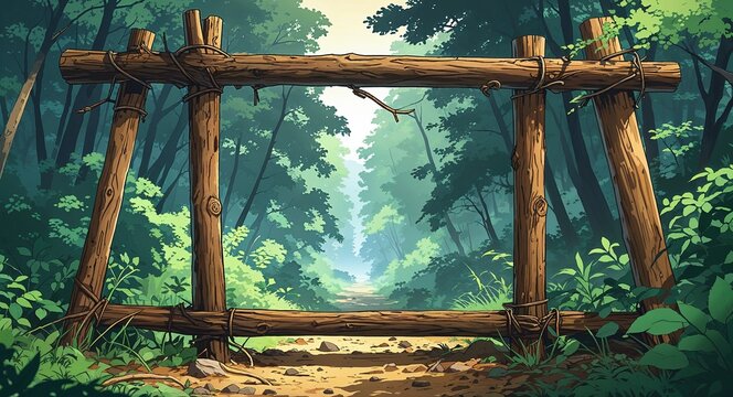 Animal trap frame made of sticks on the forest edge trail anime cartoon illustration design