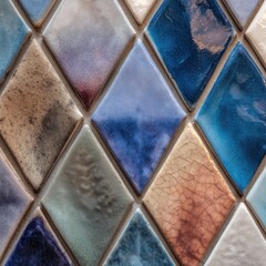 Diamond tile mosaic, glazed in a variety of blues, whites, and earthy tones, forming a geometric pattern