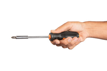 Male hand holding a screwdriver isolated no background cutout