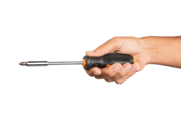 Male hand holding a screwdriver isolated no background cutout