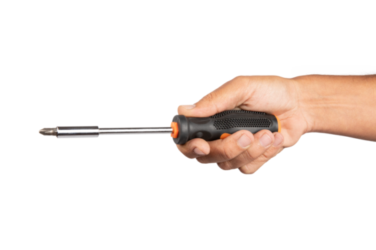 Male hand holding a screwdriver isolated no background cutout
