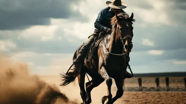 Rodeo horse. The cowboy beautifully saddled and tamed the horse in the arena. Traditional extreme sport.