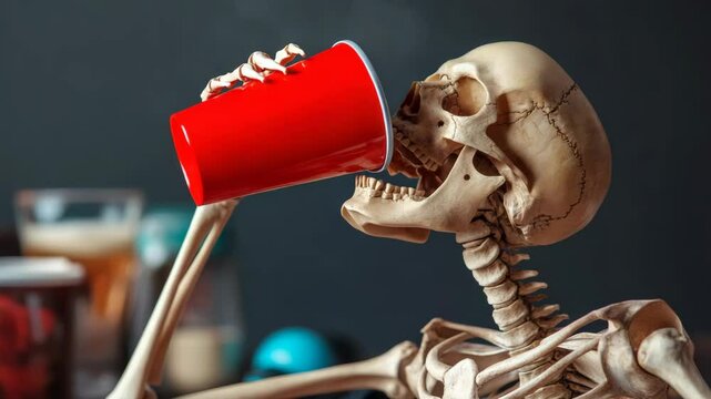 Skeleton is holding a red cup and drinking from it. The image has a creepy and eerie mood, as skeletons are often associated with death and the afterlife