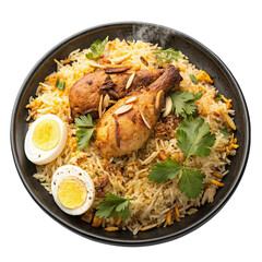 Fototapeta premium A vibrant plate of chicken biryani features tender chicken pieces on top of flavorful rice garnished with herbs nuts and boiled eggs for a delightful meal