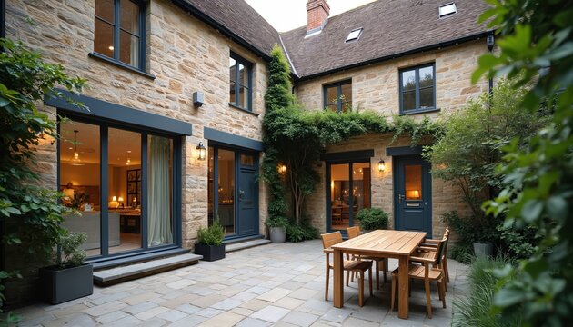 Exterior view stylishly renovated Mews house in UK. Modern farmhouse style interiors. Stone walls, big glass door windows. Traditional architecture, luxury real estate. City life residence, european
