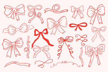 Set of hand draw whimsical line art red bows and riboons collection. 