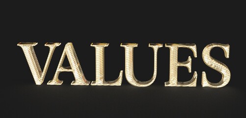 High-resolution stock photo of the word VALUES in gold on a black background. Perfect for business,...