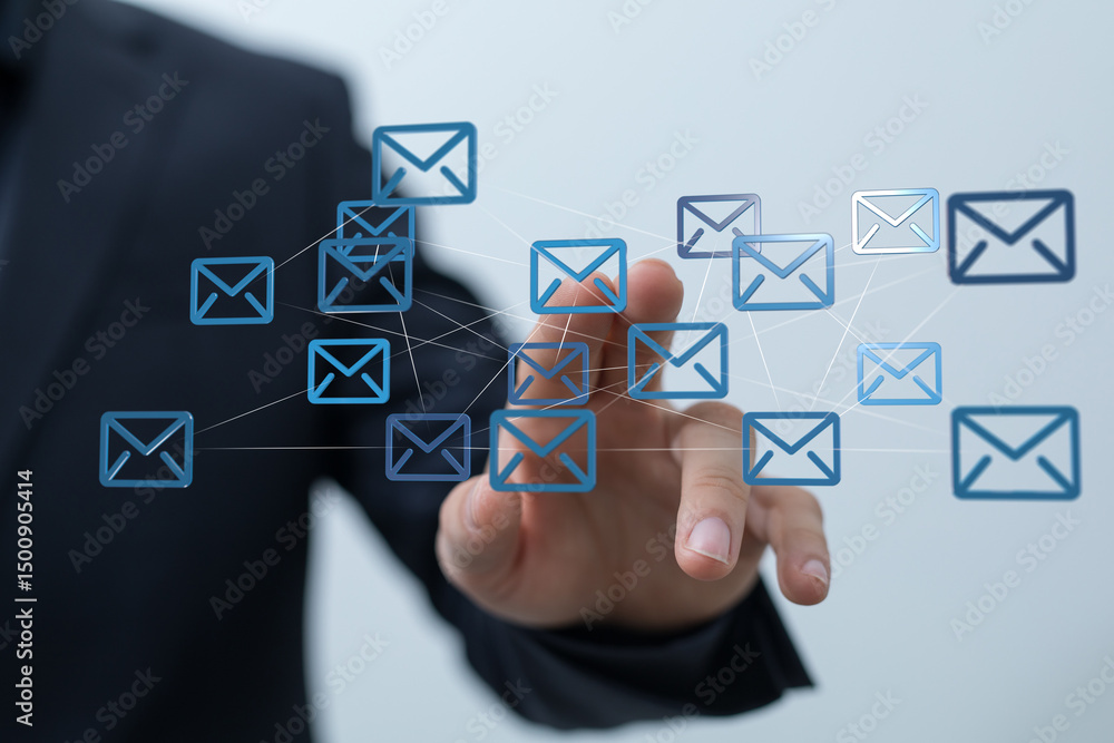 Poster Image of a person interacting with a network of email icons, representing global communication and connectivity.