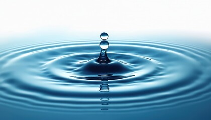 Close-up of water droplet falling into blue water creating ripples. Stillness, purity concept. Serene, tranquil feeling. Abstract nature backdrop, perfect for meditation, spa, wellness, eco tech.