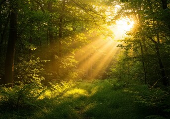 Obraz premium Photo of Sunlight Piercing Through Lush Green Forest Canopy in Golden Hour