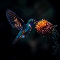 Obraz premium Iridescent, Blurred Feathers and Wings of a Vibrant Hummingbird Hovering Mid-Air to Feed on a Tropical Flower
