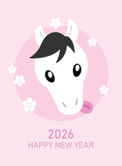 Cute cartoon horse smiling on a flowers background. Happy chinese new year of the horse 2026, or lunar new card celebration card vector. Year of the horse greeting card.