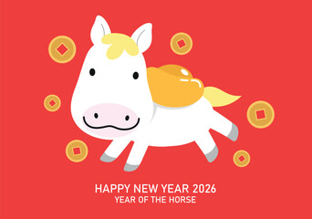 Cute cartoon horse holding a gold sycee ingot with gold coins. Happy chinese new year of the horse 2026 greeting card vector. Wishing good wealth with lucky money for lunar new year.