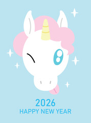 Cute zodiac horse head. Chinese new year of the horse 2026 greeting card. Cute cartoon unicorn illustration. Happy lunar new year 2026 celebration card.