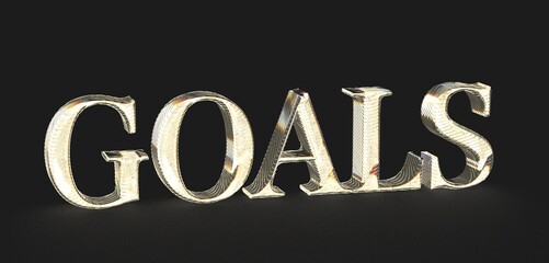 3D rendered gold 'Goals' text on black background. Perfect for business, success, and ambition concepts.