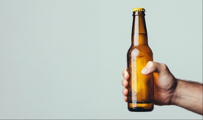 Hand holding beer bottle, white background with copy space