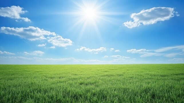 Sun Hill. Green Grass Field and Blue Sky Landscape with Clouds