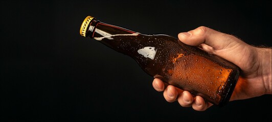 Hand holding beer bottle, black background with copy space