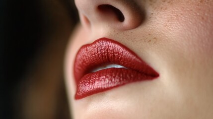 Naklejka premium Close Up Of Woman With Red Lipstick, Permanent Makeup, And Freckles On Her Face, Beauty Details.