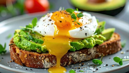Avocado toast with poached egg, yolk dripping, and microgreens on gray plate