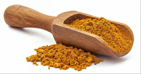 Wooden scoop of curry powder isolated on white background