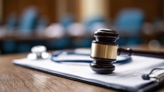 Gavel resting on medical documents symbolizing health-related legal dispute, healthcare law and justice system concept, medical malpractice or insurance claim case.	