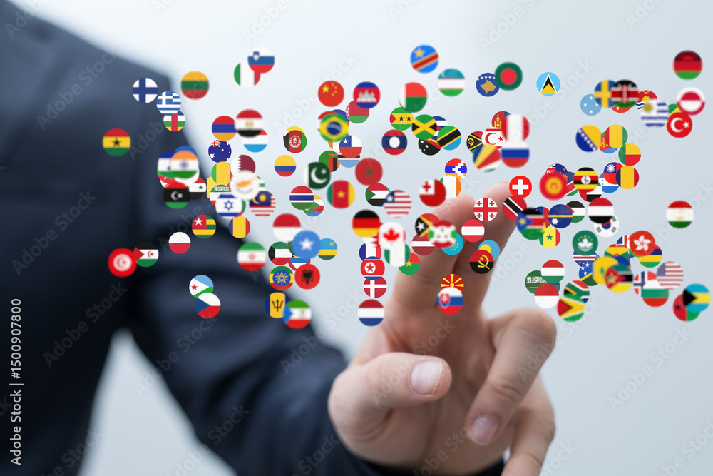 Aufkleber image of a hand interacting with a digital display of world flags, representing global business and 