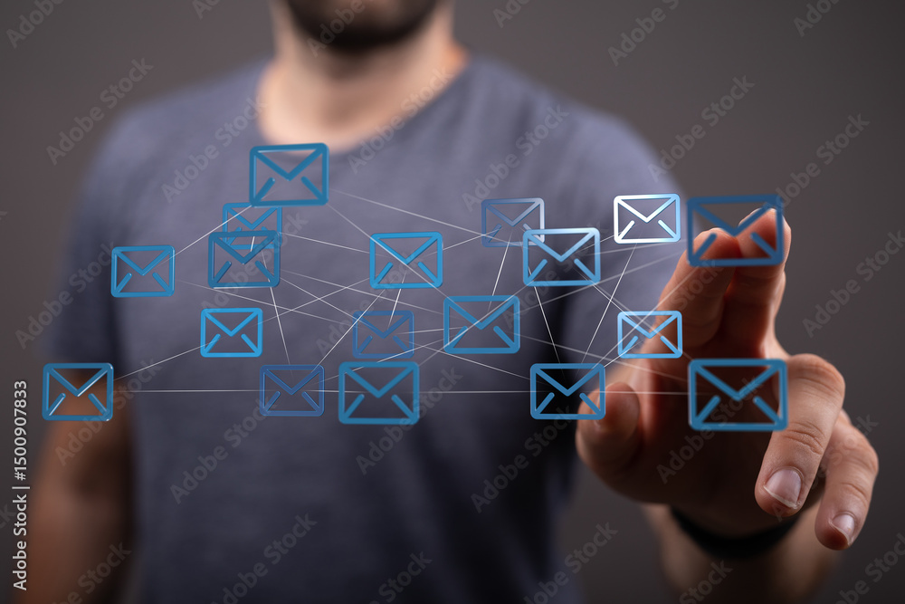 Poster Man interacts with a digital network of emails, showcasing global communication and interconnectedness.