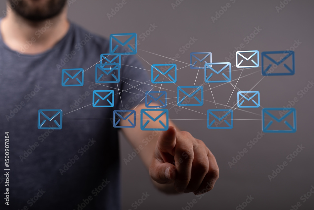 Poster digital illustration of a person interacting with a network of email icons. represents communication