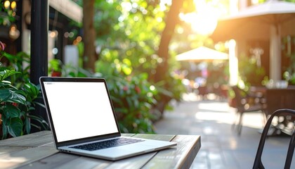 Laptop rests outdoors, its screen blank, amidst lush greenery and sunlight