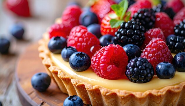Fresh fruit tart with custard filling, topped with mixed berries and mint on a wooden board