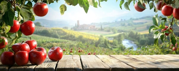 Fresh red apples on rustic wooden table, copy space